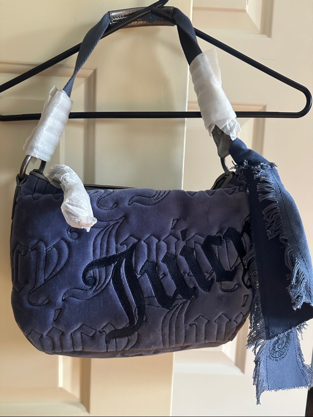 Juicy Couture Navy Embossed Velvet Shoulder Bag with Fringed Scarf - Picture 3 of 7
